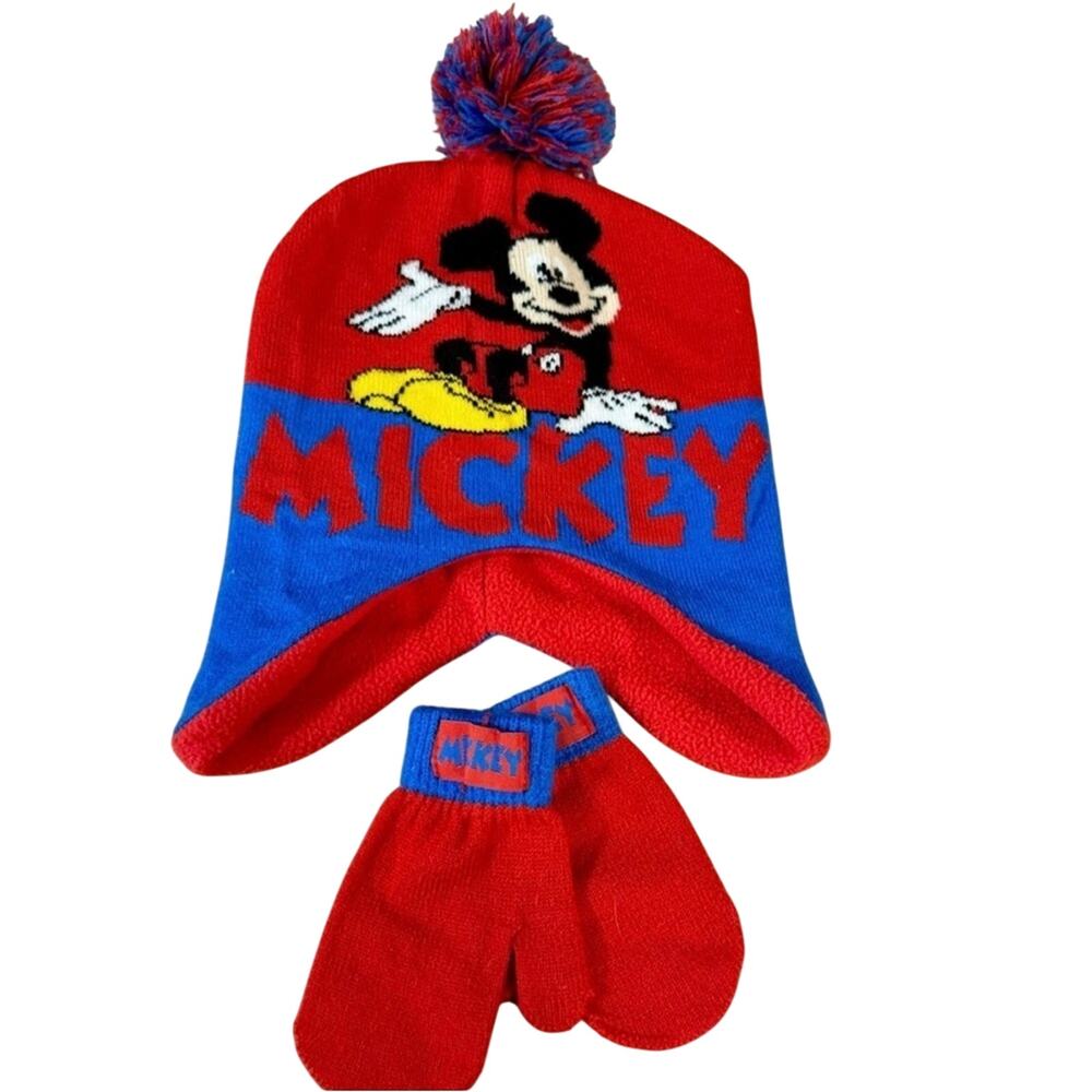 Disney Mickey Mouse Toddler Knit Earflap Hat Mittens Set Red Blue Pom Pom